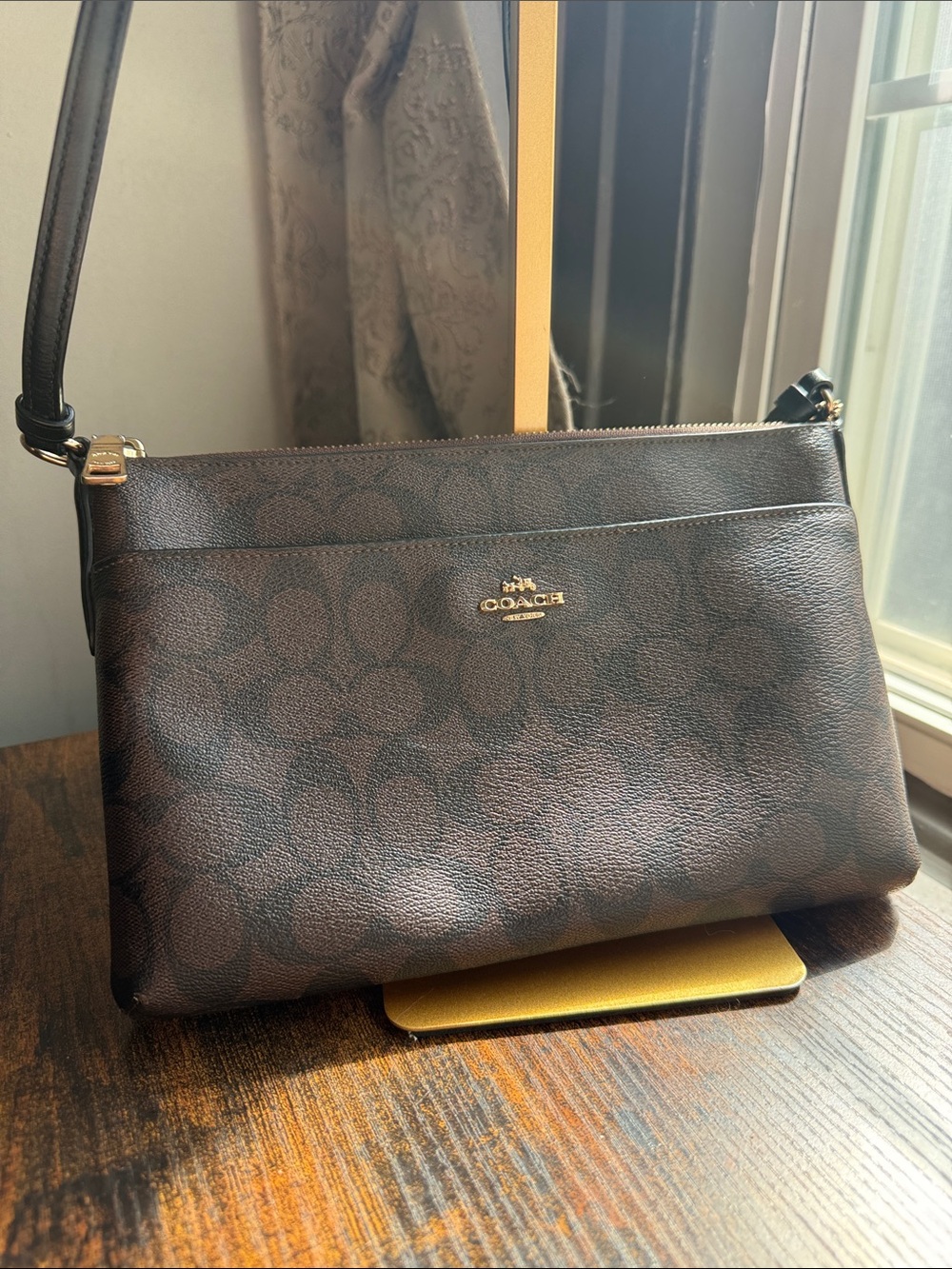 Coach Brown Signature Jacquard Crossbody Bag with Gold Logo